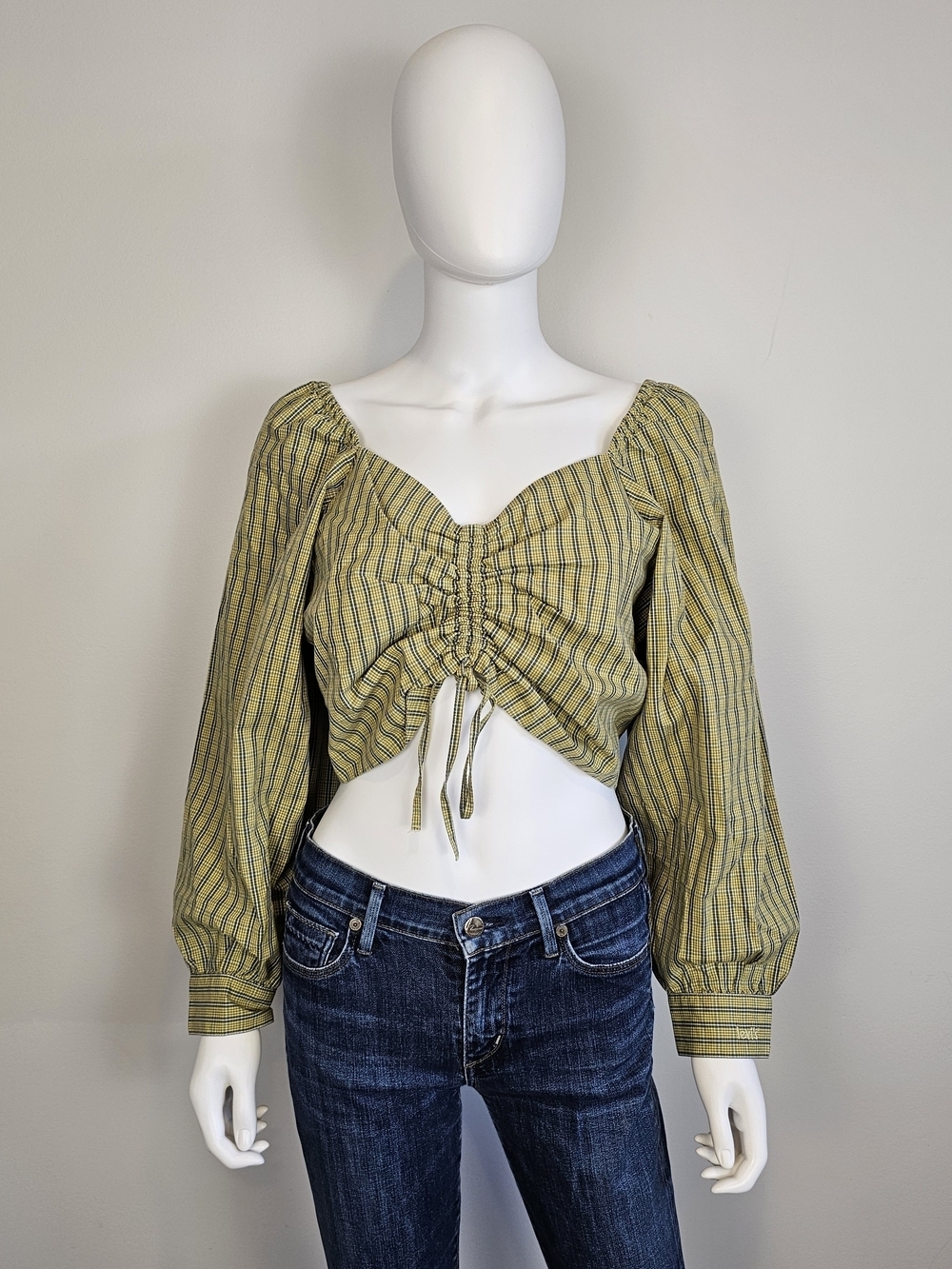 Levi's Yellow Green Plaid Front Cinch Long Sleeve Cropped Top Sz L